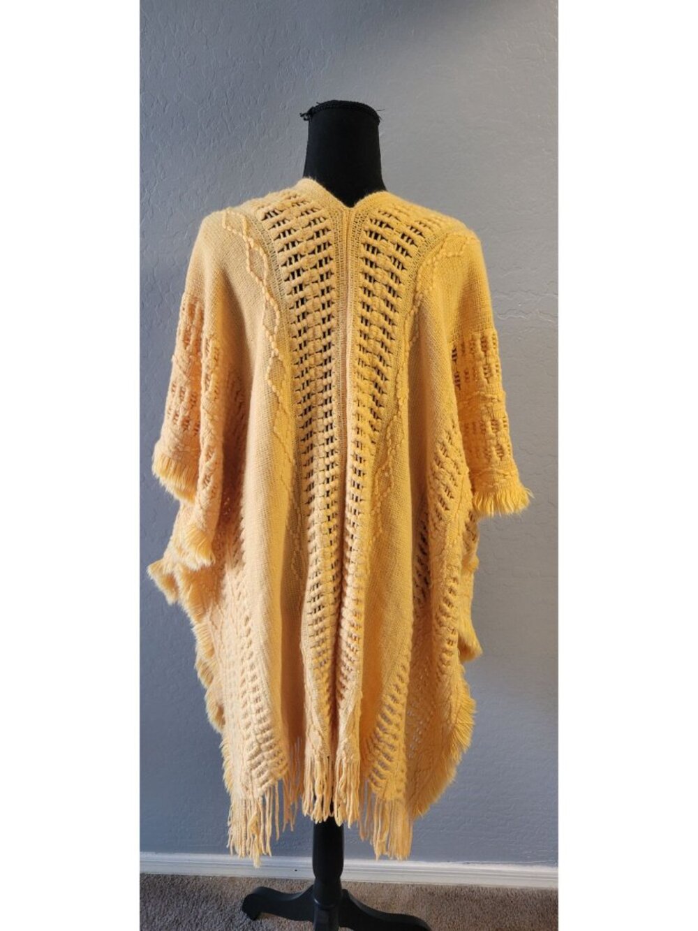 Original Anthony This mustard yellow open-front poncho textured diamond Knit OS - Picture 7 of 10